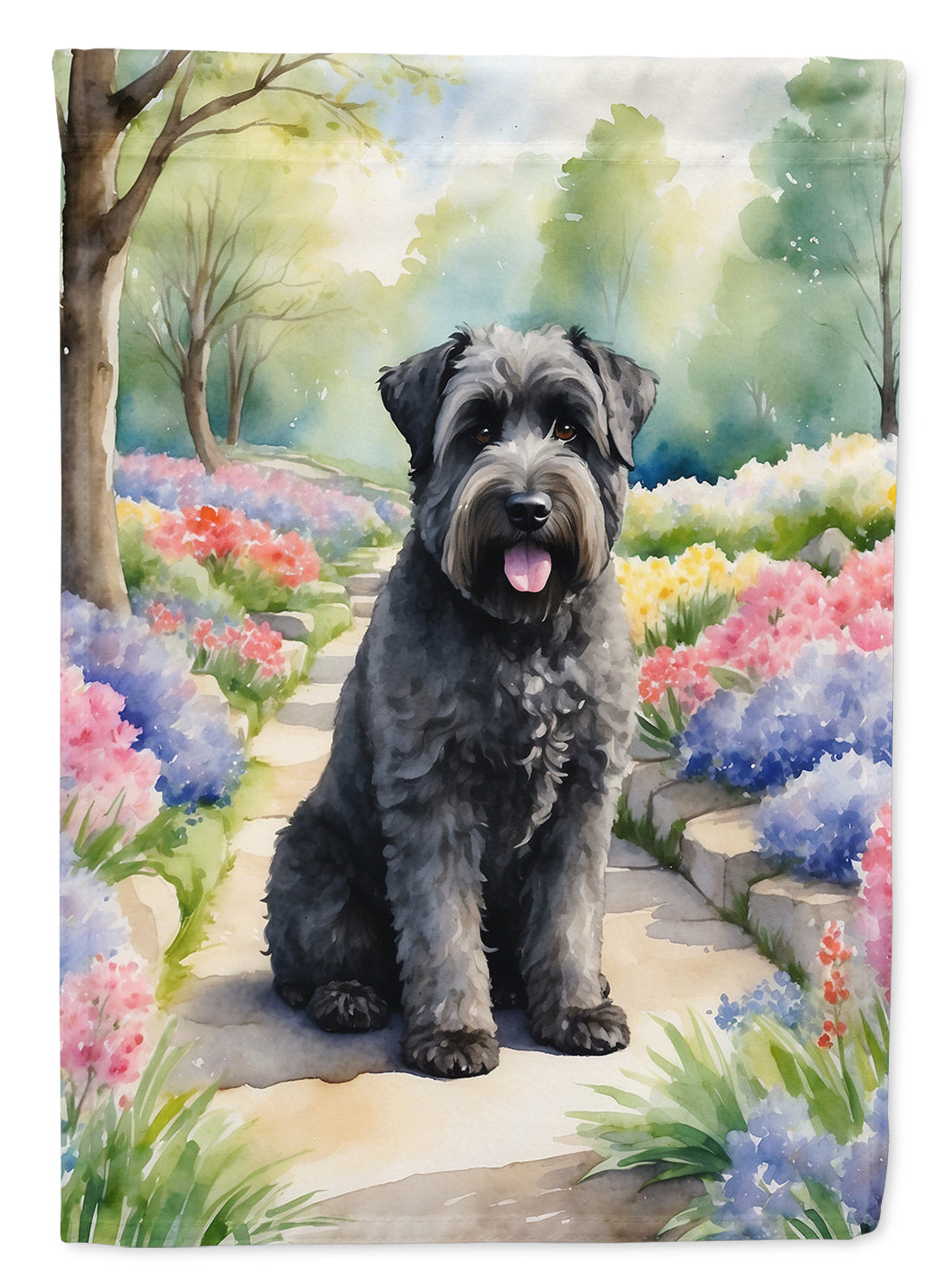 Bouvier des Flandres Spring Path House Flag 28x40 Porch Sleeve Pole Decorative Outside Yard Banner Artwork Wall Hanging, Polyester