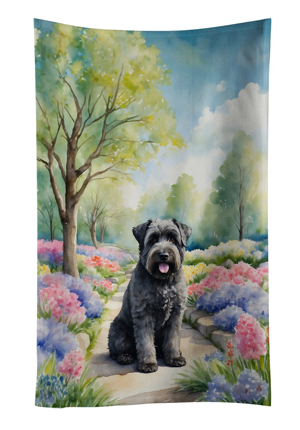 Bouvier des Flandres Spring Path Kitchen Towel Velour Plush Front and Cotton Loop Back Machine Washable