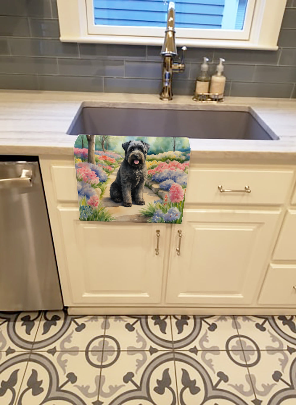Bouvier des Flandres Spring Path Kitchen Towel Velour Plush Front and Cotton Loop Back Machine Washable