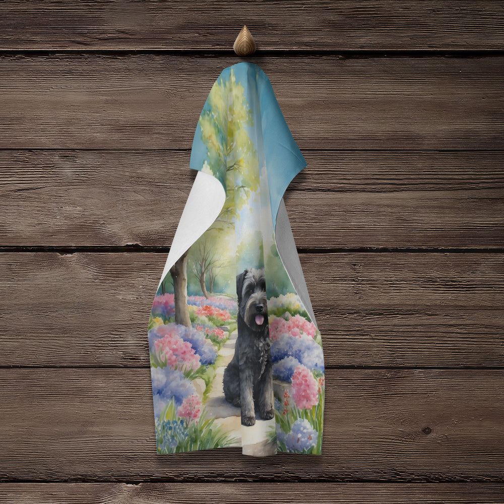 Bouvier des Flandres Spring Path Kitchen Towel Velour Plush Front and Cotton Loop Back Machine Washable