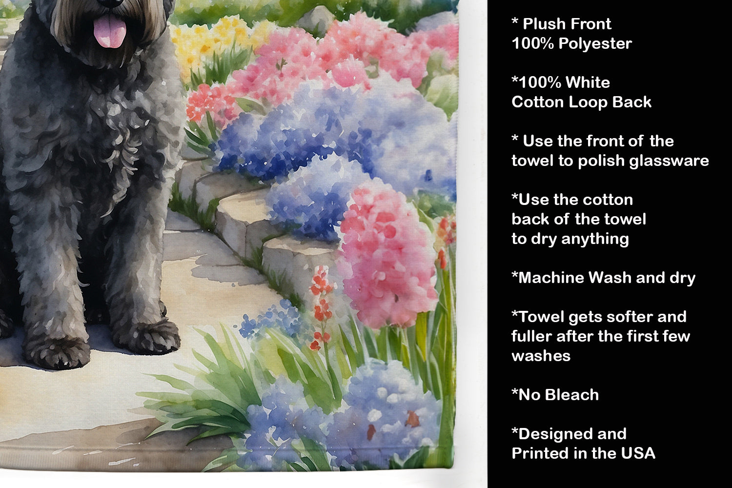 Bouvier des Flandres Spring Path Kitchen Towel Velour Plush Front and Cotton Loop Back Machine Washable