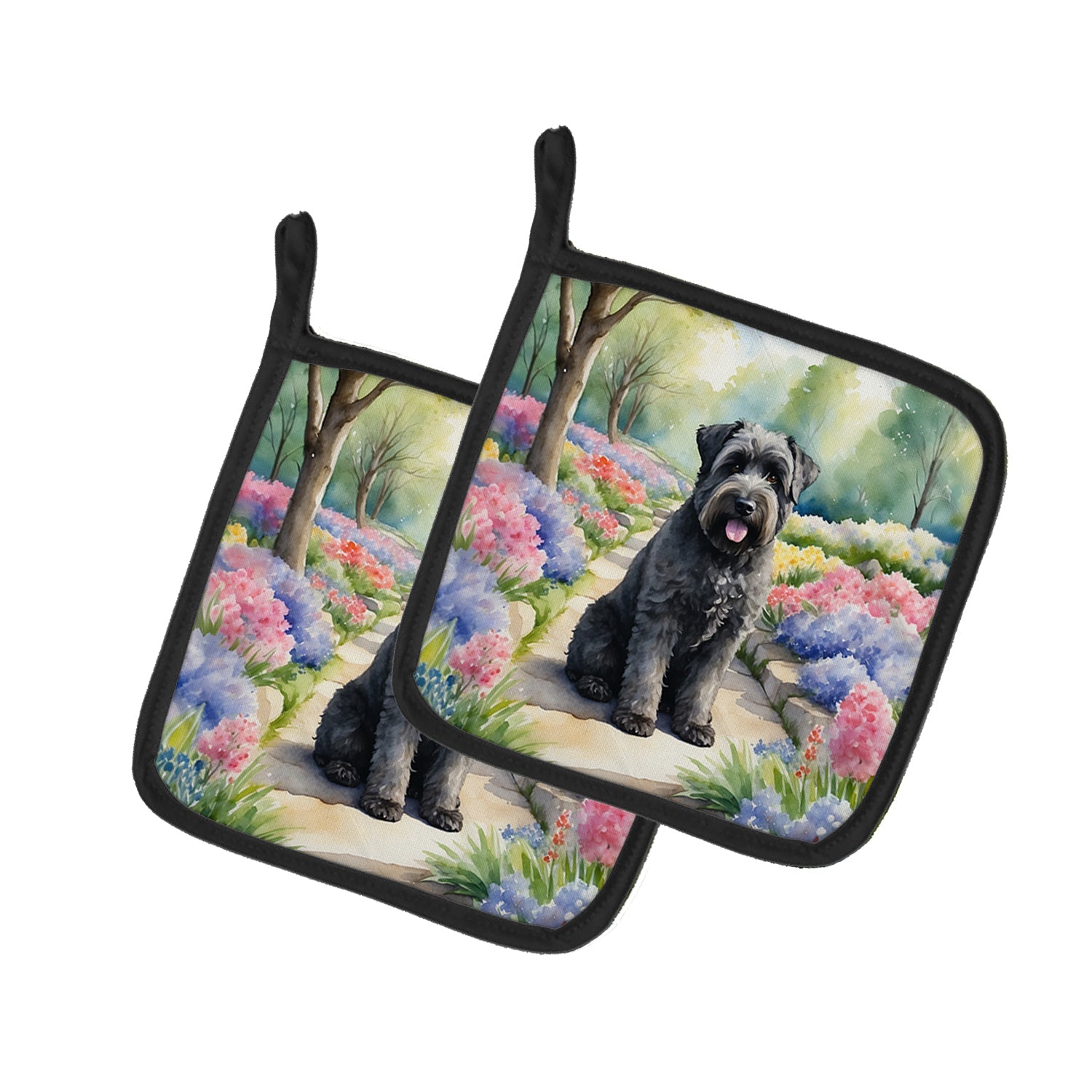 Bouvier des Flandres Spring Path Pot Holder Set of 2 Heat Resistant Quilted Hot Pads 7.5 x 7.5 Inch, Insulated Kitchen Trivets for Cooking & Baking