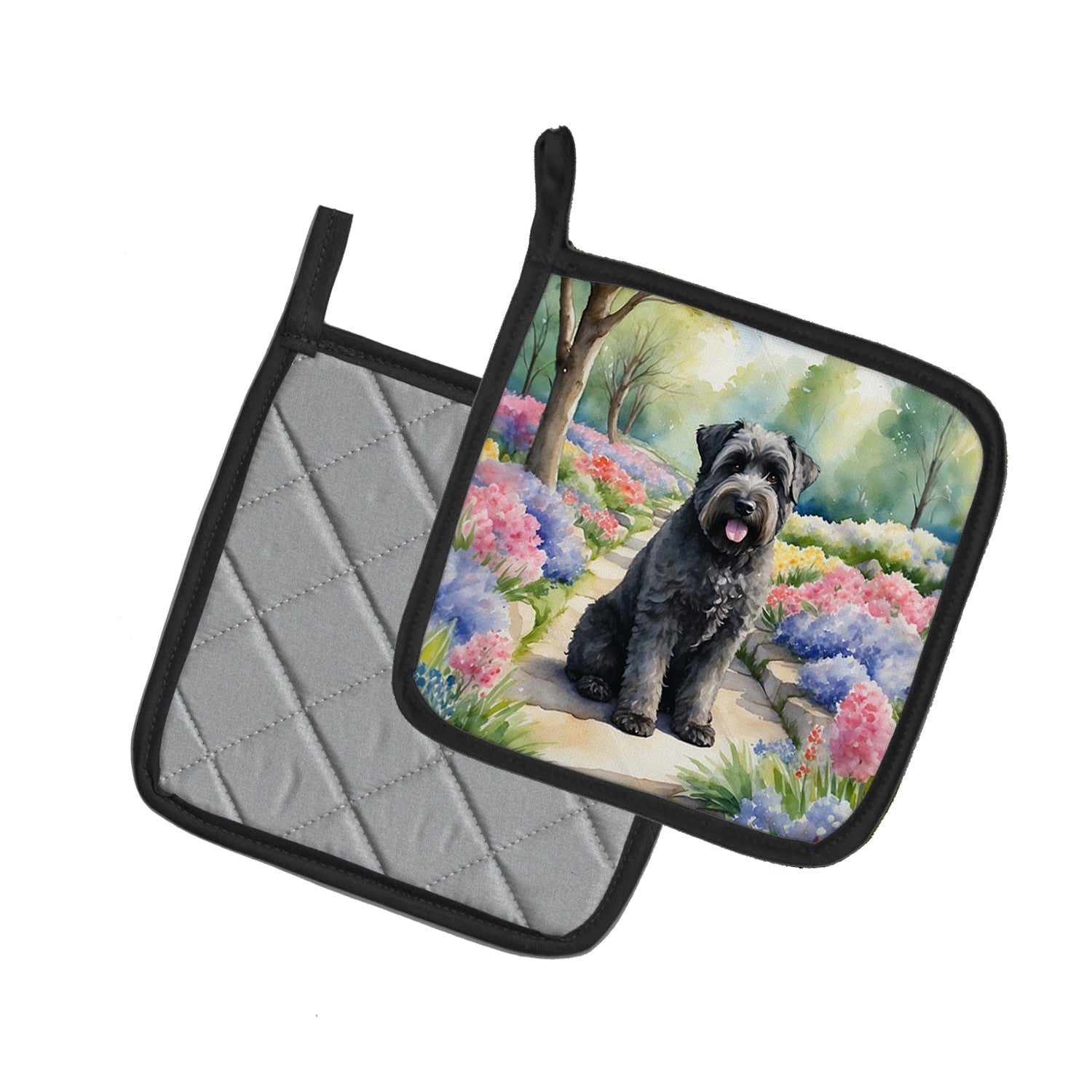 Bouvier des Flandres Spring Path Pot Holder Set of 2 Heat Resistant Quilted Hot Pads 7.5 x 7.5 Inch, Insulated Kitchen Trivets for Cooking & Baking