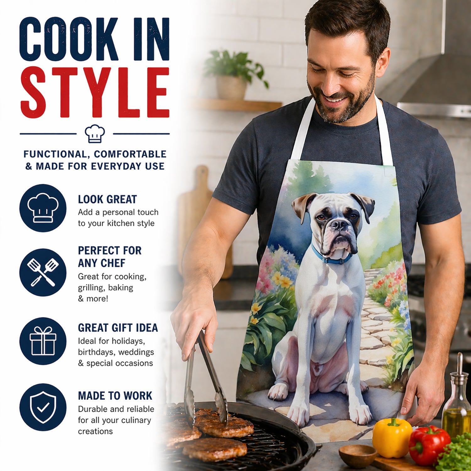White Boxer Spring Path Apron Cooking Kitchen Server Baking Crafts Gardening for Adult Women Men, Unisex, Large, Multicolor