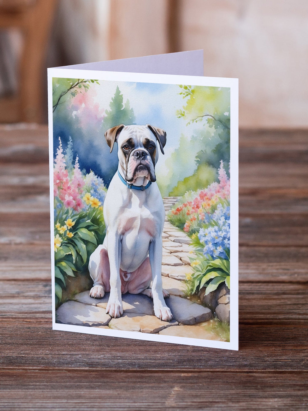 White Boxer Spring Path Greeting Cards Pack of 8 Blank Cards with Envelopes Whimsical A7 Size 5x7