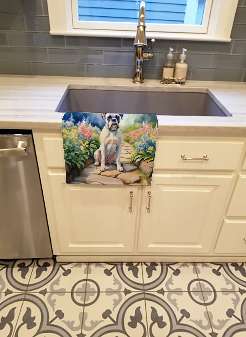 White Boxer Spring Path Kitchen Towel Velour Plush Front and Cotton Loop Back Machine Washable