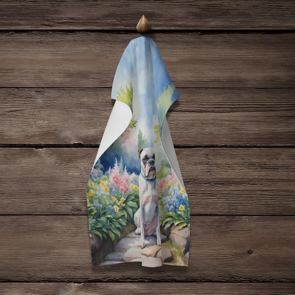 White Boxer Spring Path Kitchen Towel Velour Plush Front and Cotton Loop Back Machine Washable
