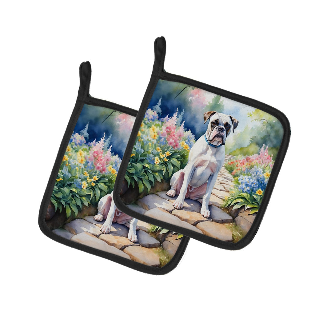 White Boxer Spring Path Pot Holder Set of 2 Heat Resistant Quilted Hot Pads 7.5 x 7.5 Inch, Insulated Kitchen Trivets for Cooking & Baking