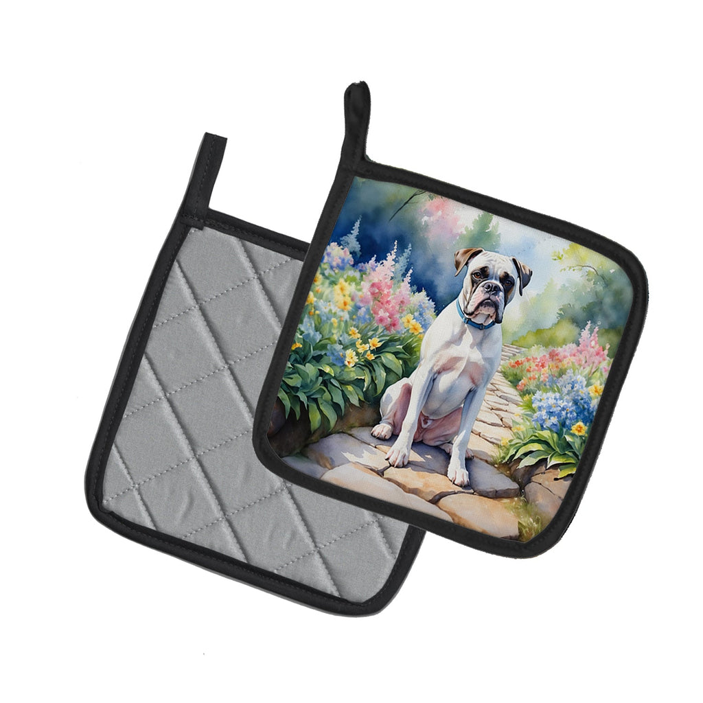 White Boxer Spring Path Pot Holder Set of 2 Heat Resistant Quilted Hot Pads 7.5 x 7.5 Inch, Insulated Kitchen Trivets for Cooking & Baking