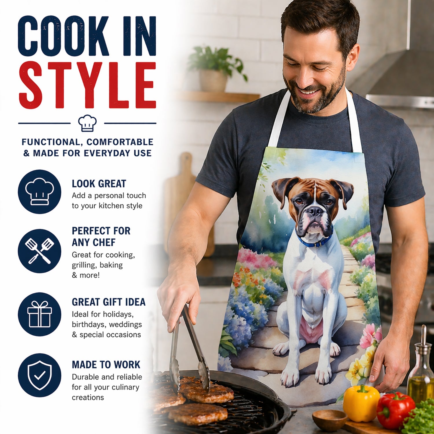 Boxer Spring Path Apron Cooking Kitchen Server Baking Crafts Gardening for Adult Women Men, Unisex, Large, Multicolor