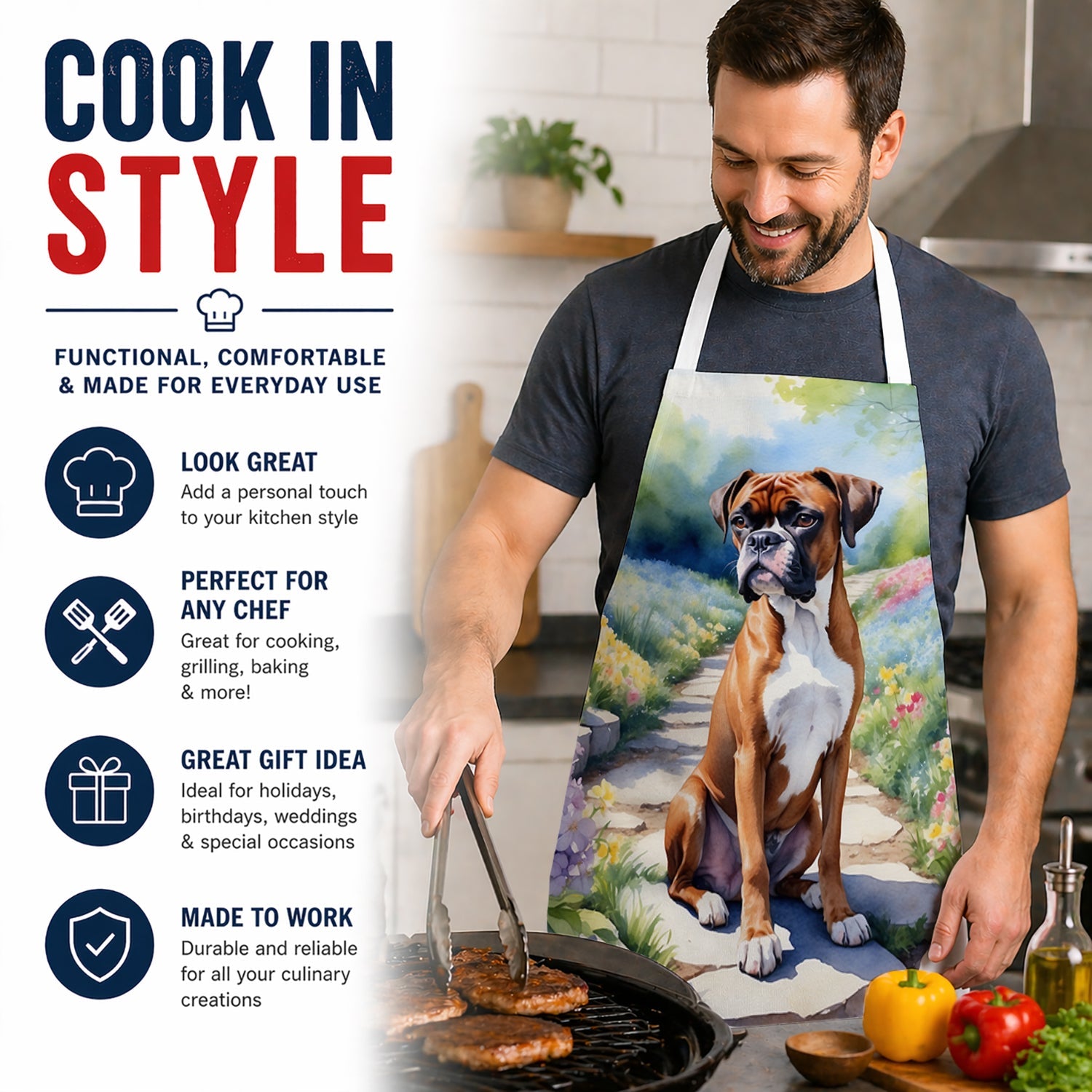 Boxer Spring Path Apron Cooking Kitchen Server Baking Crafts Gardening for Adult Women Men, Unisex, Large, Multicolor