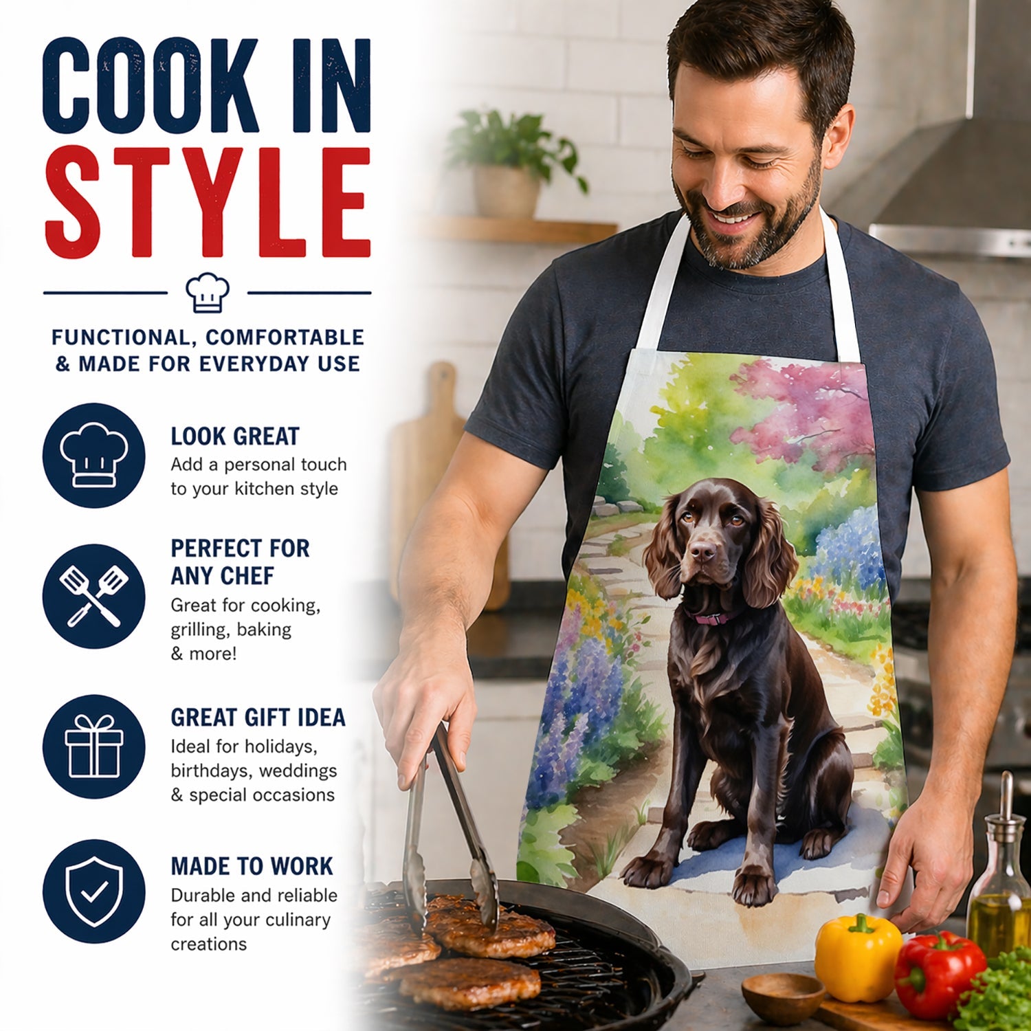 Boykin Spaniel Spring Path Apron Cooking Kitchen Server Baking Crafts Gardening for Adult Women Men, Unisex, Large, Multicolor