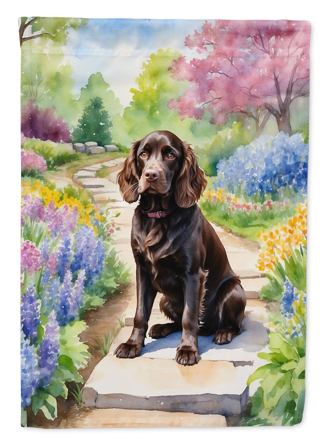 Boykin Spaniel Spring Path House Flag 28x40 Porch Sleeve Pole Decorative Outside Yard Banner Artwork Wall Hanging, Polyester