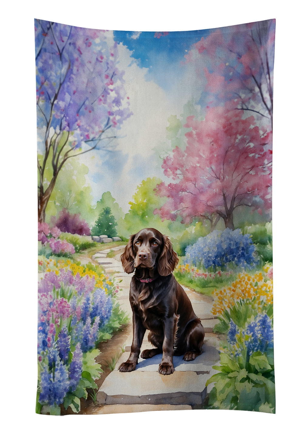 Boykin Spaniel Spring Path Kitchen Towel Velour Plush Front and Cotton Loop Back Machine Washable