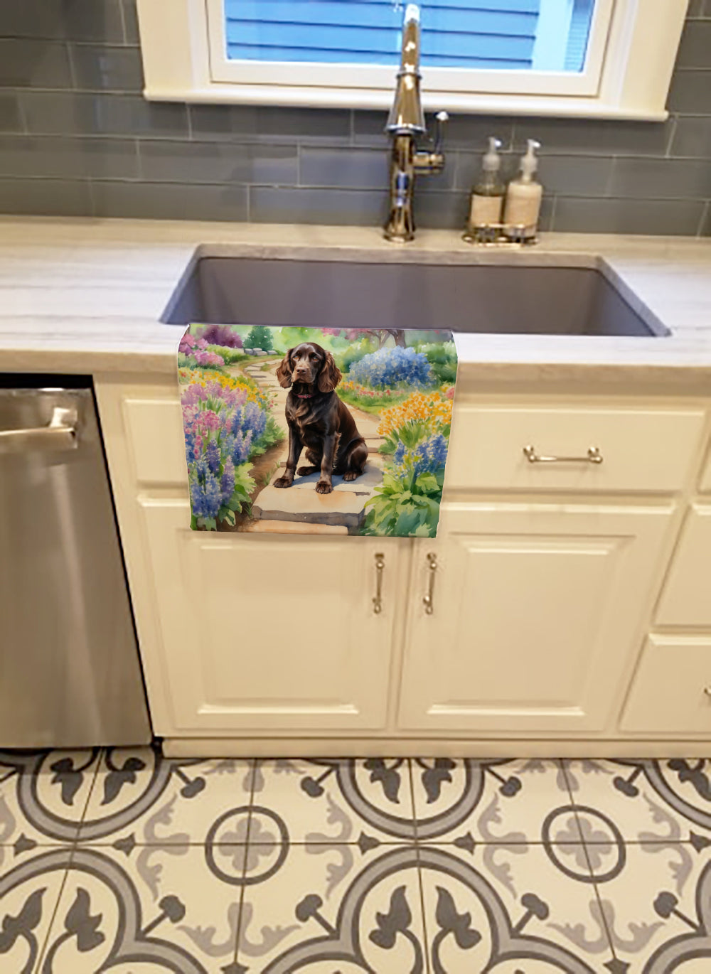 Boykin Spaniel Spring Path Kitchen Towel Velour Plush Front and Cotton Loop Back Machine Washable
