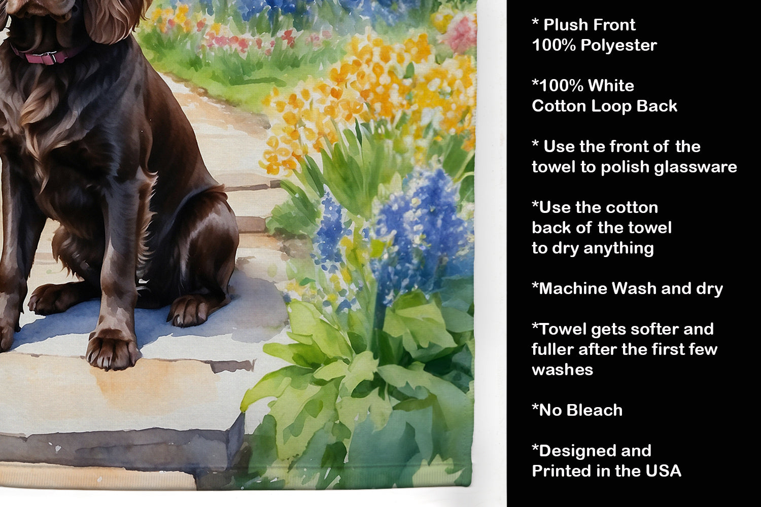 Boykin Spaniel Spring Path Kitchen Towel Velour Plush Front and Cotton Loop Back Machine Washable