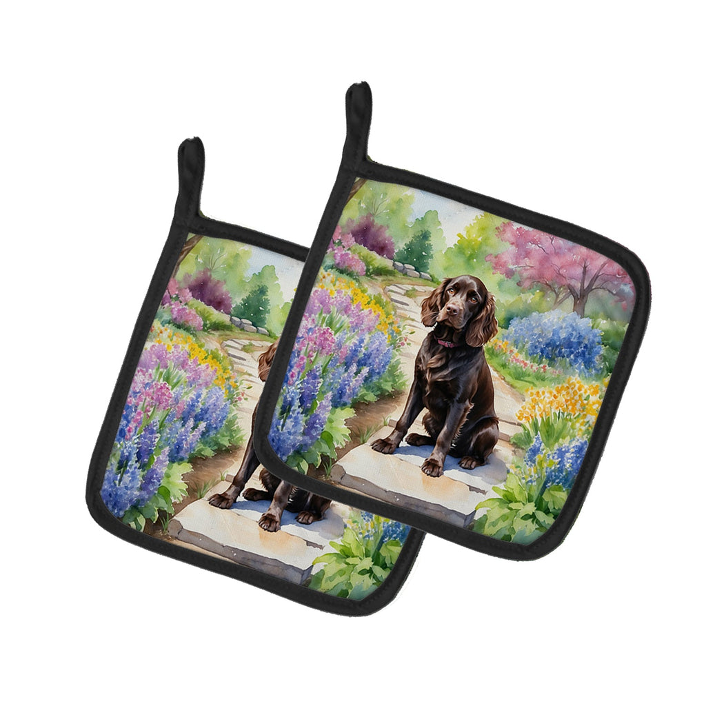 Boykin Spaniel Spring Path Pot Holder Set of 2 Heat Resistant Quilted Hot Pads 7.5 x 7.5 Inch, Insulated Kitchen Trivets for Cooking & Baking