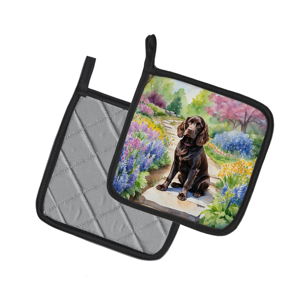 Boykin Spaniel Spring Path Pot Holder Set of 2 Heat Resistant Quilted Hot Pads 7.5 x 7.5 Inch, Insulated Kitchen Trivets for Cooking & Baking