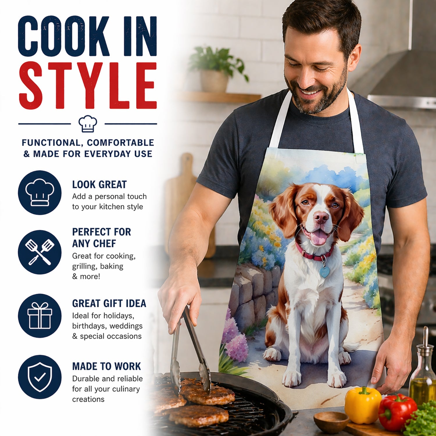 Brittany Spaniel Spring Path Apron Cooking Kitchen Server Baking Crafts Gardening for Adult Women Men, Unisex, Large, Multicolor