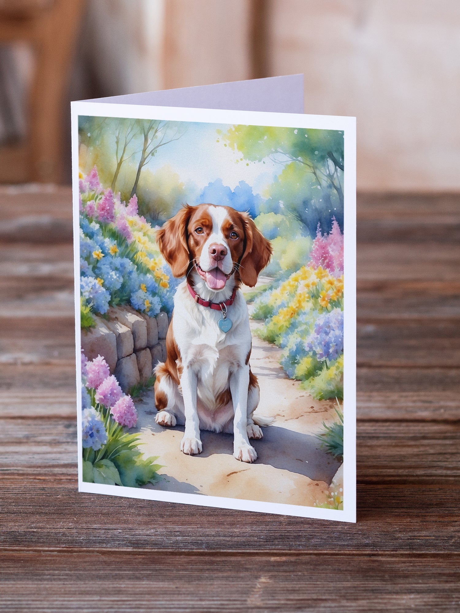 Brittany Spaniel Spring Path Greeting Cards Pack of 8 Blank Cards with Envelopes Whimsical A7 Size 5x7