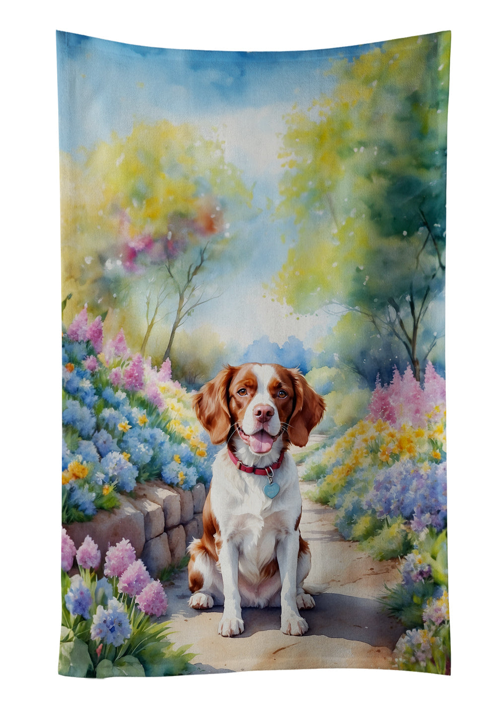Brittany Spaniel Spring Path Kitchen Towel Velour Plush Front and Cotton Loop Back Machine Washable