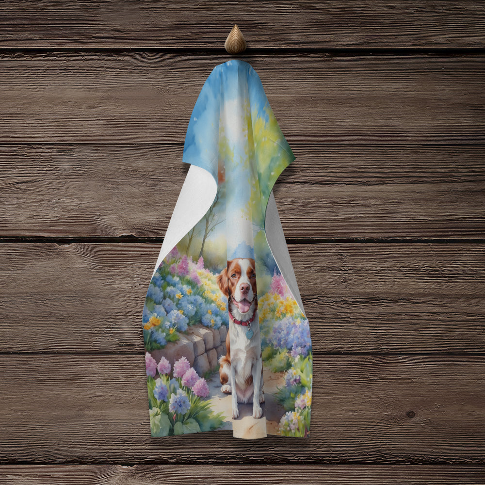 Brittany Spaniel Spring Path Kitchen Towel Velour Plush Front and Cotton Loop Back Machine Washable