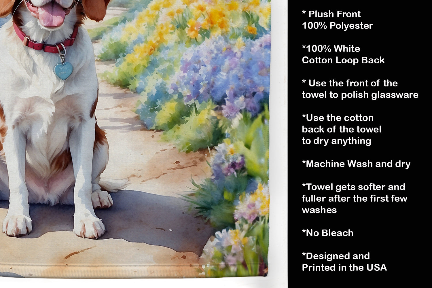 Brittany Spaniel Spring Path Kitchen Towel Velour Plush Front and Cotton Loop Back Machine Washable