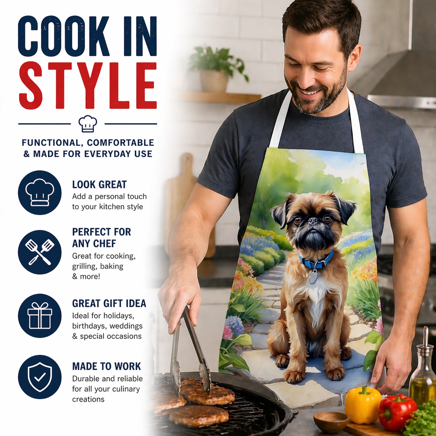 Brussels Griffon Spring Path Apron Cooking Kitchen Server Baking Crafts Gardening for Adult Women Men, Unisex, Large, Multicolor