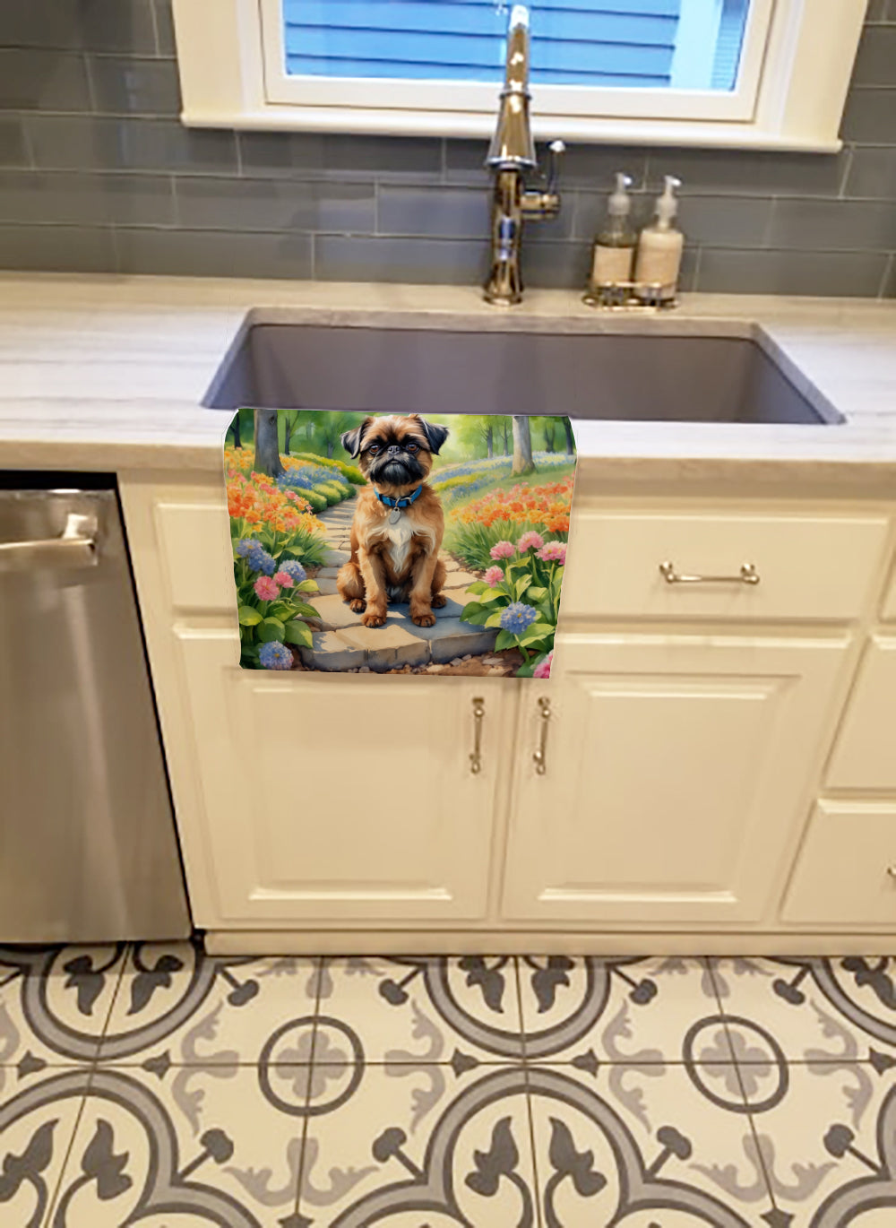 Brussels Griffon Spring Path Kitchen Towel Velour Plush Front and Cotton Loop Back Machine Washable