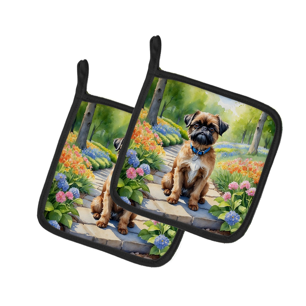 Brussels Griffon Spring Path Pot Holder Set of 2 Heat Resistant Quilted Hot Pads 7.5 x 7.5 Inch, Insulated Kitchen Trivets for Cooking & Baking