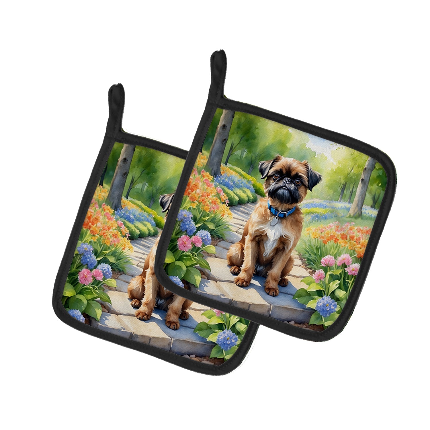 Brussels Griffon Spring Path Pot Holder Set of 2 Heat Resistant Quilted Hot Pads 7.5 x 7.5 Inch, Insulated Kitchen Trivets for Cooking & Baking