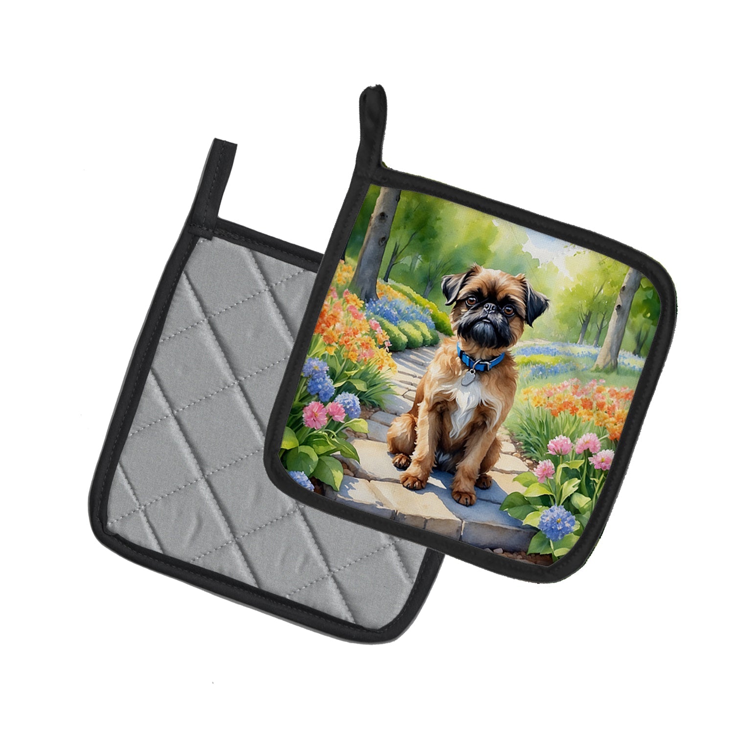Brussels Griffon Spring Path Pot Holder Set of 2 Heat Resistant Quilted Hot Pads 7.5 x 7.5 Inch, Insulated Kitchen Trivets for Cooking & Baking