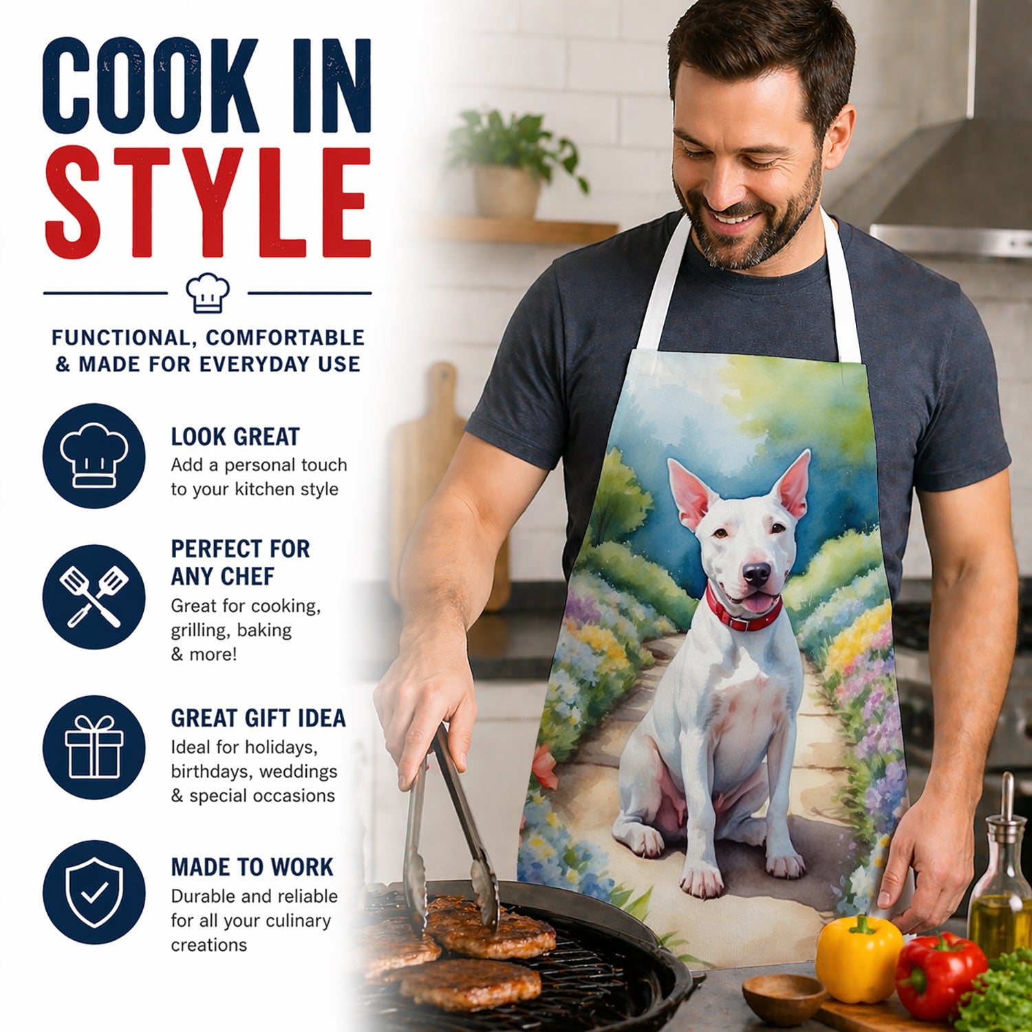 Bull Terrier Spring Path Apron Cooking Kitchen Server Baking Crafts Gardening for Adult Women Men, Unisex, Large, Multicolor