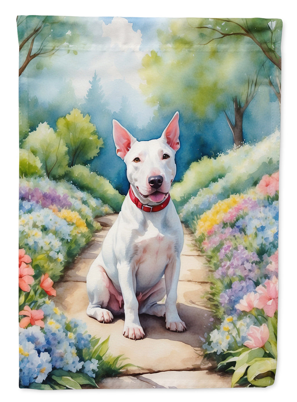 Bull Terrier Spring Path House Flag 28x40 Porch Sleeve Pole Decorative Outside Yard Banner Artwork Wall Hanging, Polyester