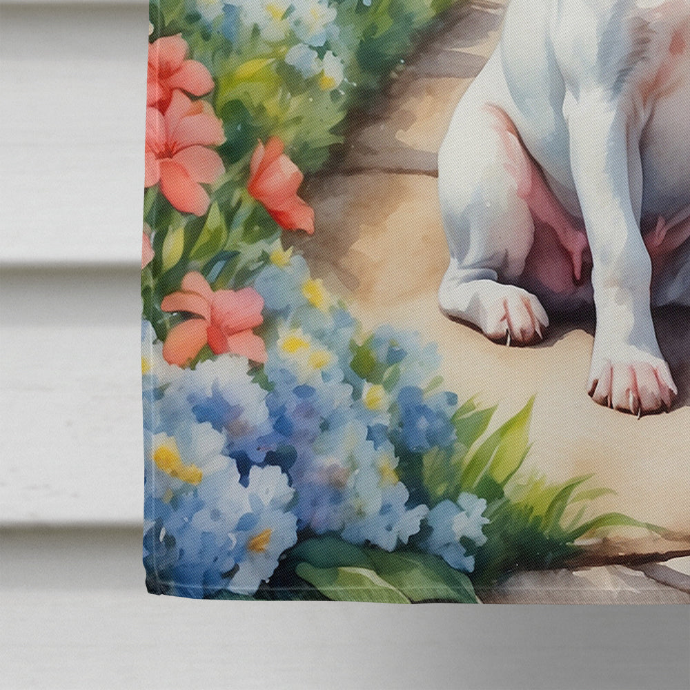 Bull Terrier Spring Path House Flag 28x40 Porch Sleeve Pole Decorative Outside Yard Banner Artwork Wall Hanging, Polyester