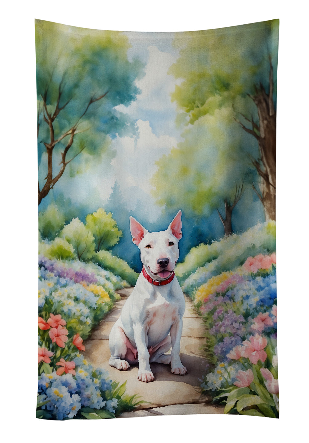 Bull Terrier Spring Path Kitchen Towel Velour Plush Front and Cotton Loop Back Machine Washable