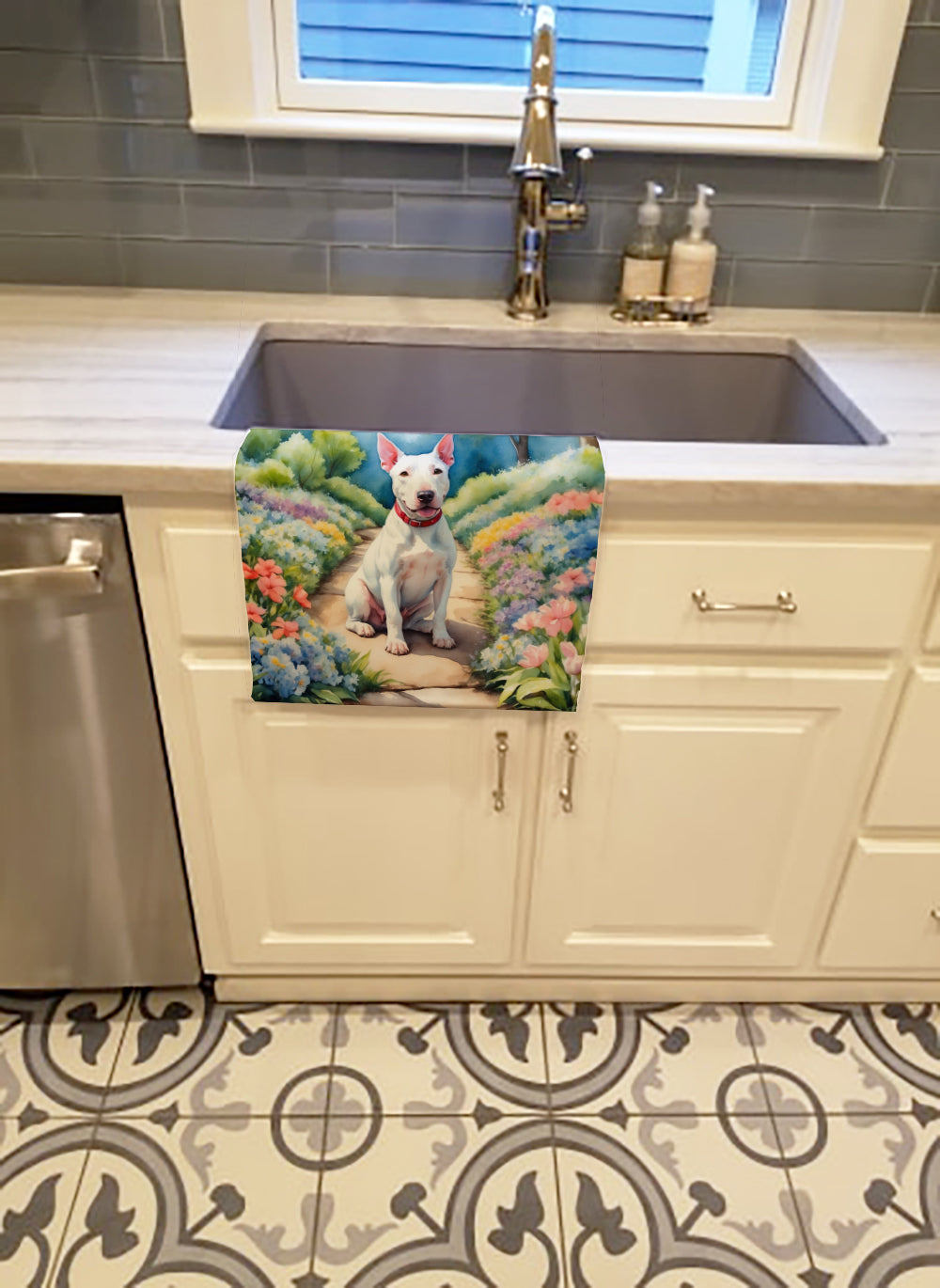 Bull Terrier Spring Path Kitchen Towel Velour Plush Front and Cotton Loop Back Machine Washable