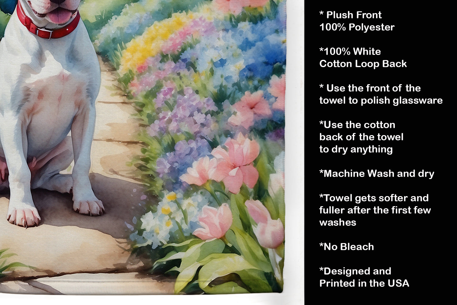 Bull Terrier Spring Path Kitchen Towel Velour Plush Front and Cotton Loop Back Machine Washable
