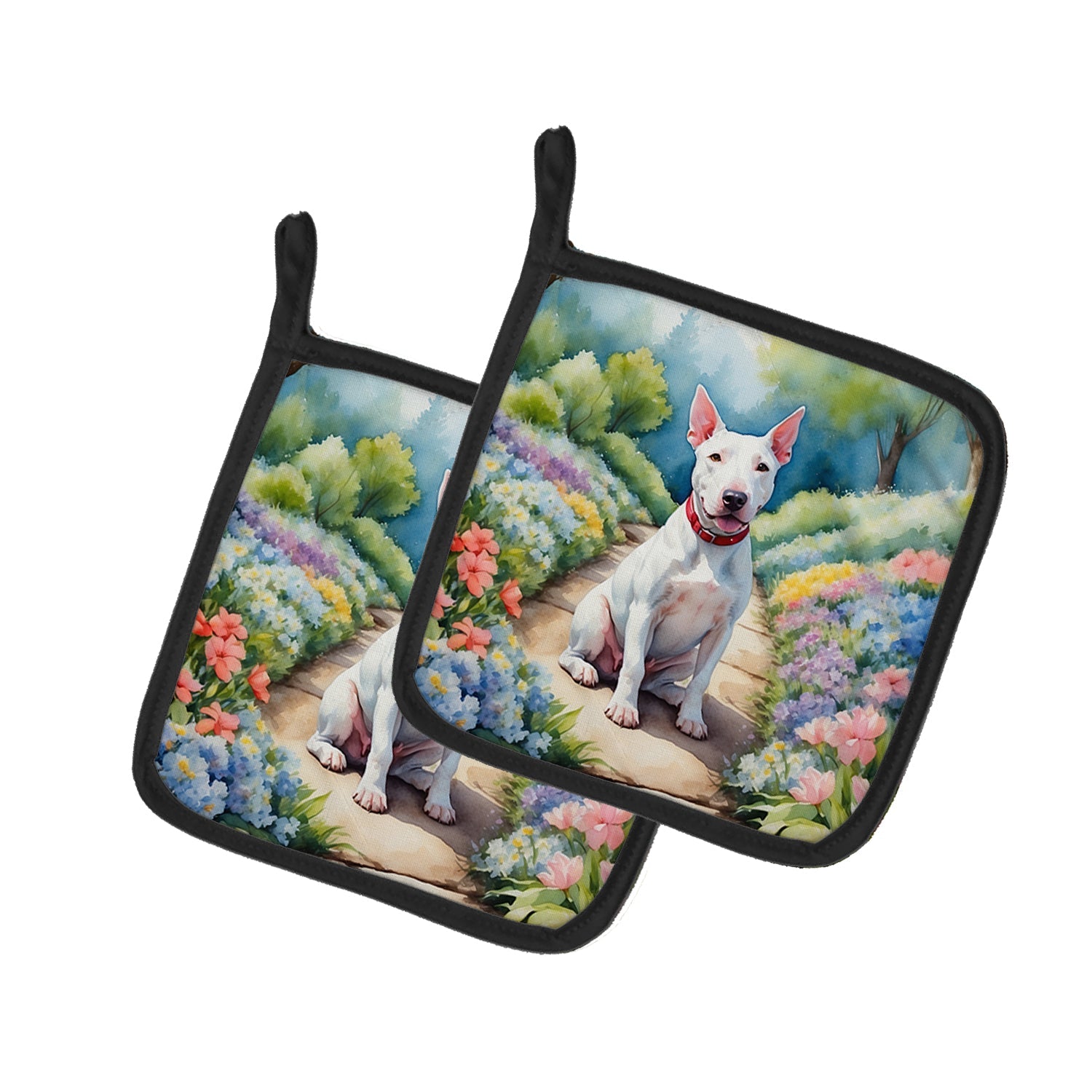 Bull Terrier Spring Path Pot Holder Set of 2 Heat Resistant Quilted Hot Pads 7.5 x 7.5 Inch, Insulated Kitchen Trivets for Cooking & Baking
