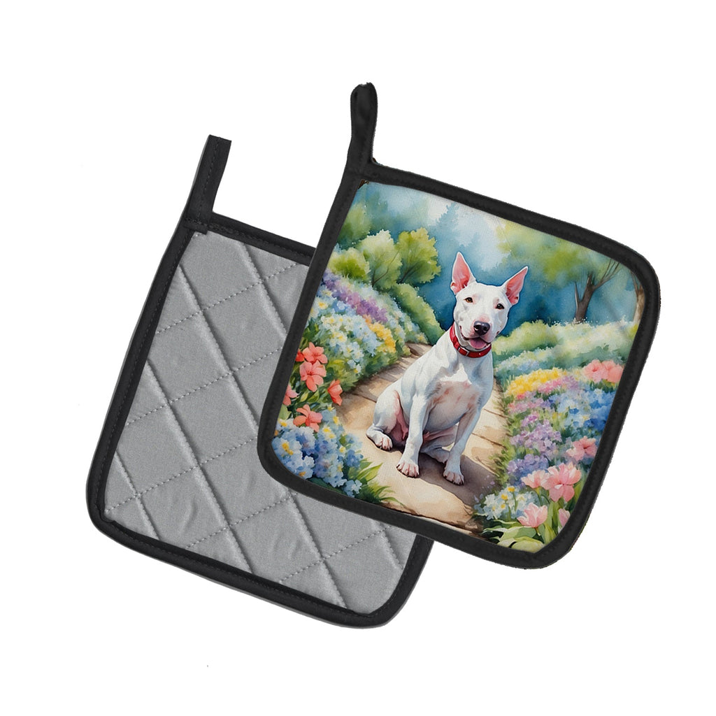 Bull Terrier Spring Path Pot Holder Set of 2 Heat Resistant Quilted Hot Pads 7.5 x 7.5 Inch, Insulated Kitchen Trivets for Cooking & Baking