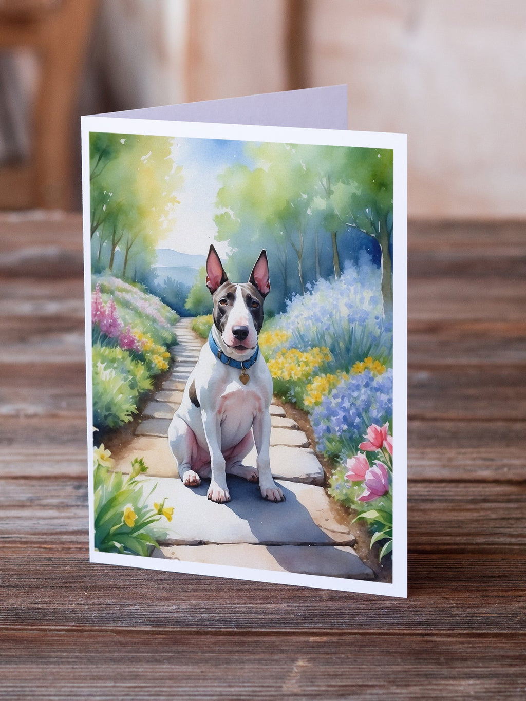 Bull Terrier Spring Path Greeting Cards Pack of 8 Blank Cards with Envelopes Whimsical A7 Size 5x7