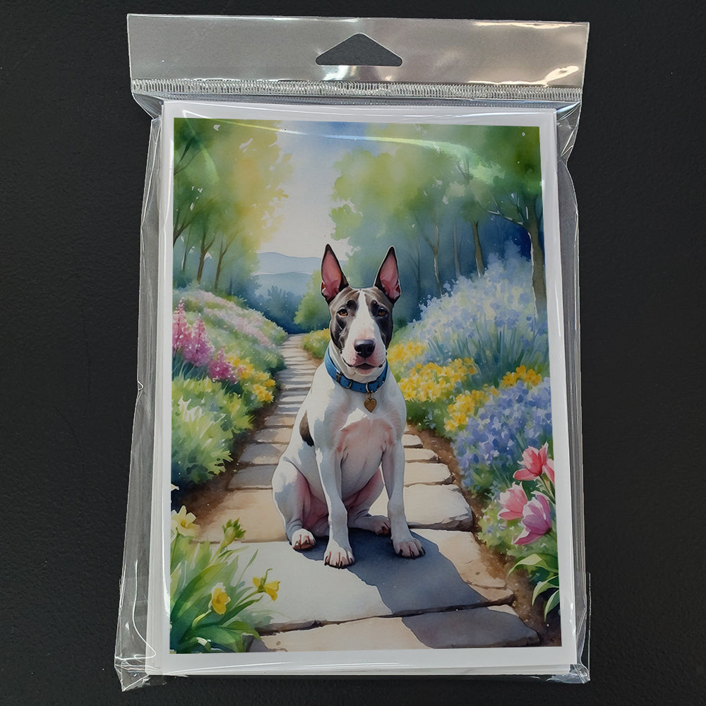 Bull Terrier Spring Path Greeting Cards Pack of 8 Blank Cards with Envelopes Whimsical A7 Size 5x7