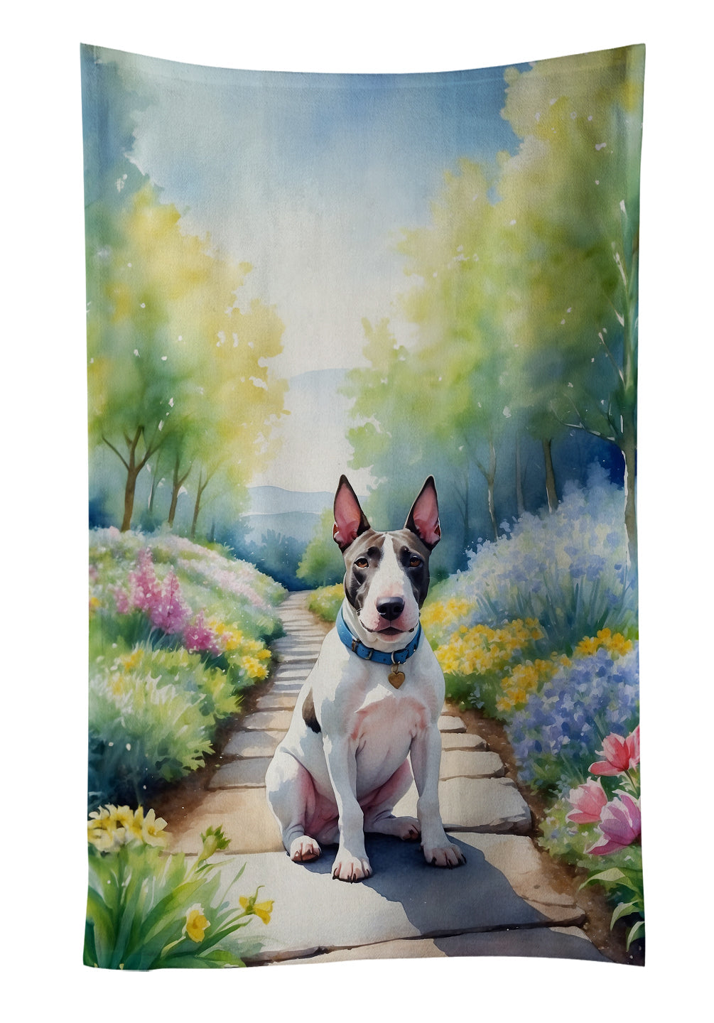 Bull Terrier Spring Path Kitchen Towel Velour Plush Front and Cotton Loop Back Machine Washable