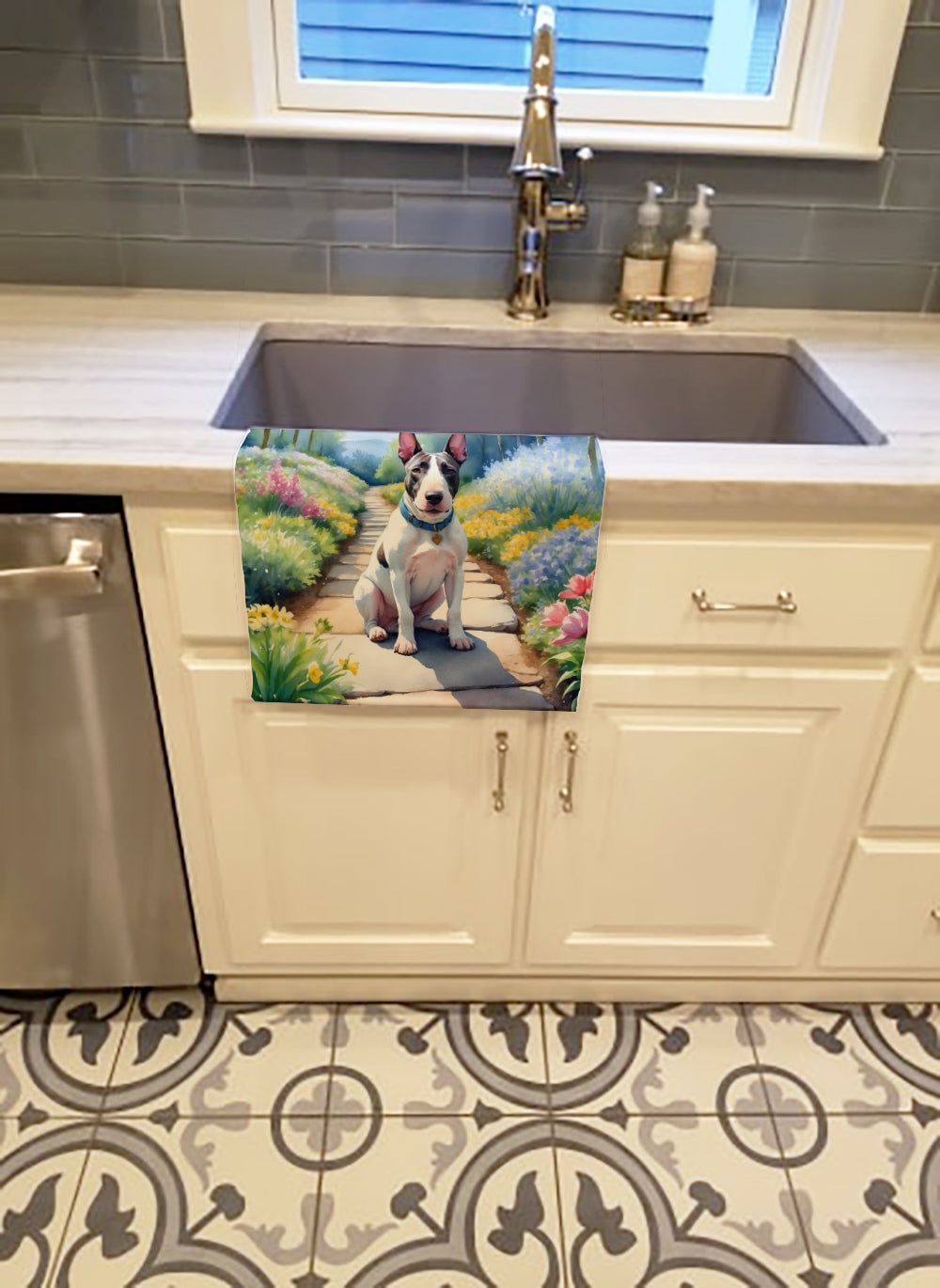 Bull Terrier Spring Path Kitchen Towel Velour Plush Front and Cotton Loop Back Machine Washable