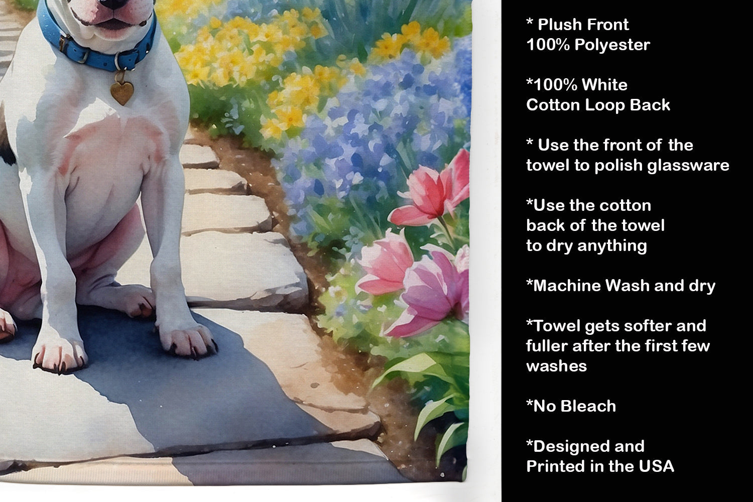 Bull Terrier Spring Path Kitchen Towel Velour Plush Front and Cotton Loop Back Machine Washable