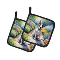 Bull Terrier Spring Path Pot Holder Set of 2 Heat Resistant Quilted Hot Pads 7.5 x 7.5 Inch, Insulated Kitchen Trivets for Cooking & Baking