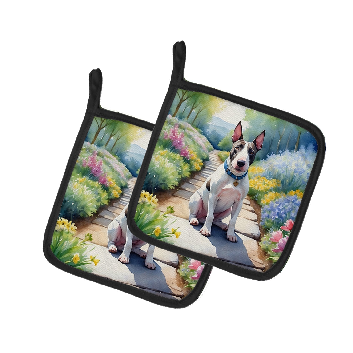 Bull Terrier Spring Path Pot Holder Set of 2 Heat Resistant Quilted Hot Pads 7.5 x 7.5 Inch, Insulated Kitchen Trivets for Cooking & Baking