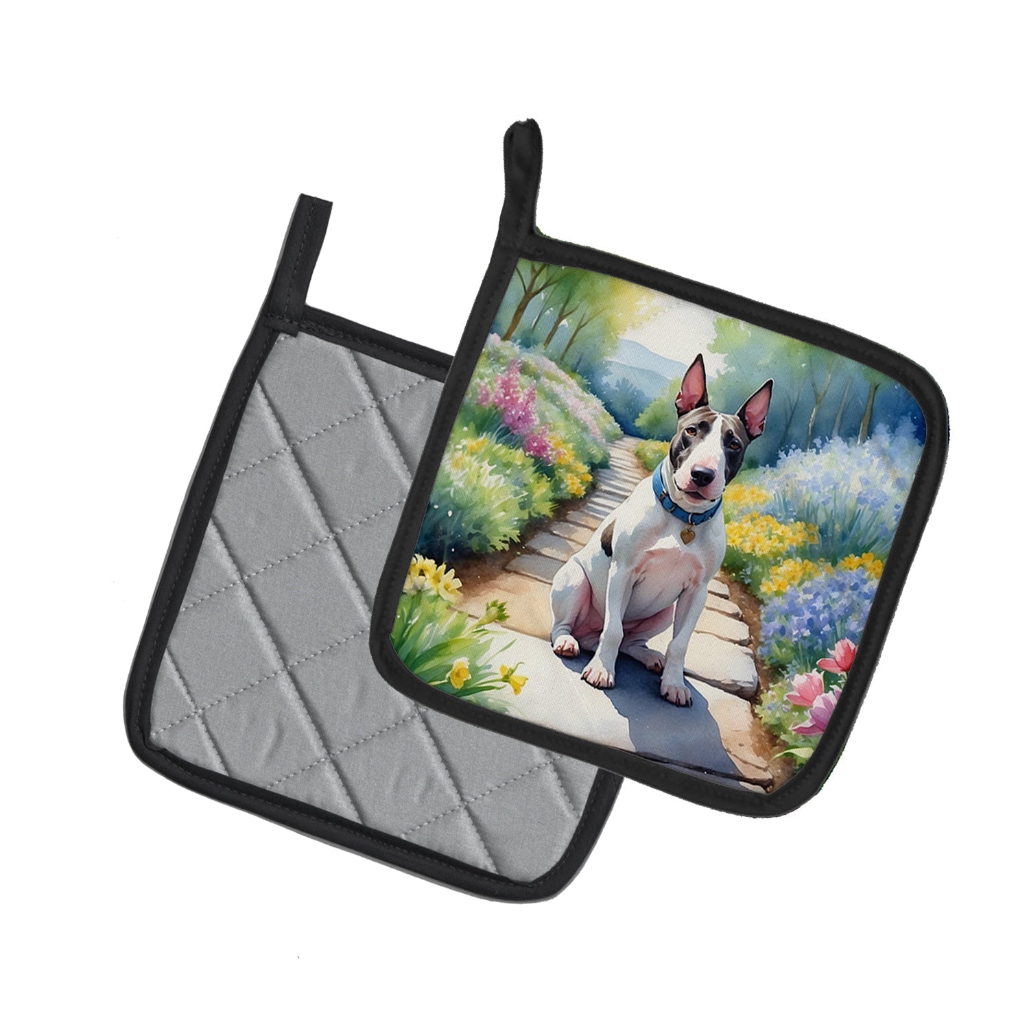 Bull Terrier Spring Path Pot Holder Set of 2 Heat Resistant Quilted Hot Pads 7.5 x 7.5 Inch, Insulated Kitchen Trivets for Cooking & Baking