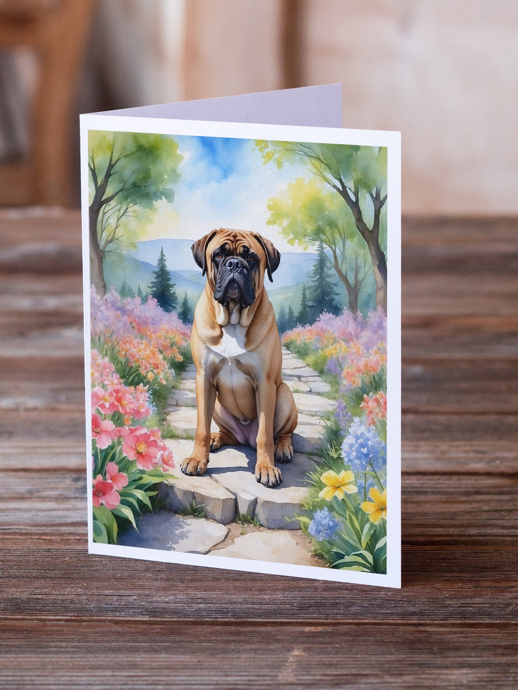 Bullmastiff Spring Path Greeting Cards Pack of 8 Blank Cards with Envelopes Whimsical A7 Size 5x7