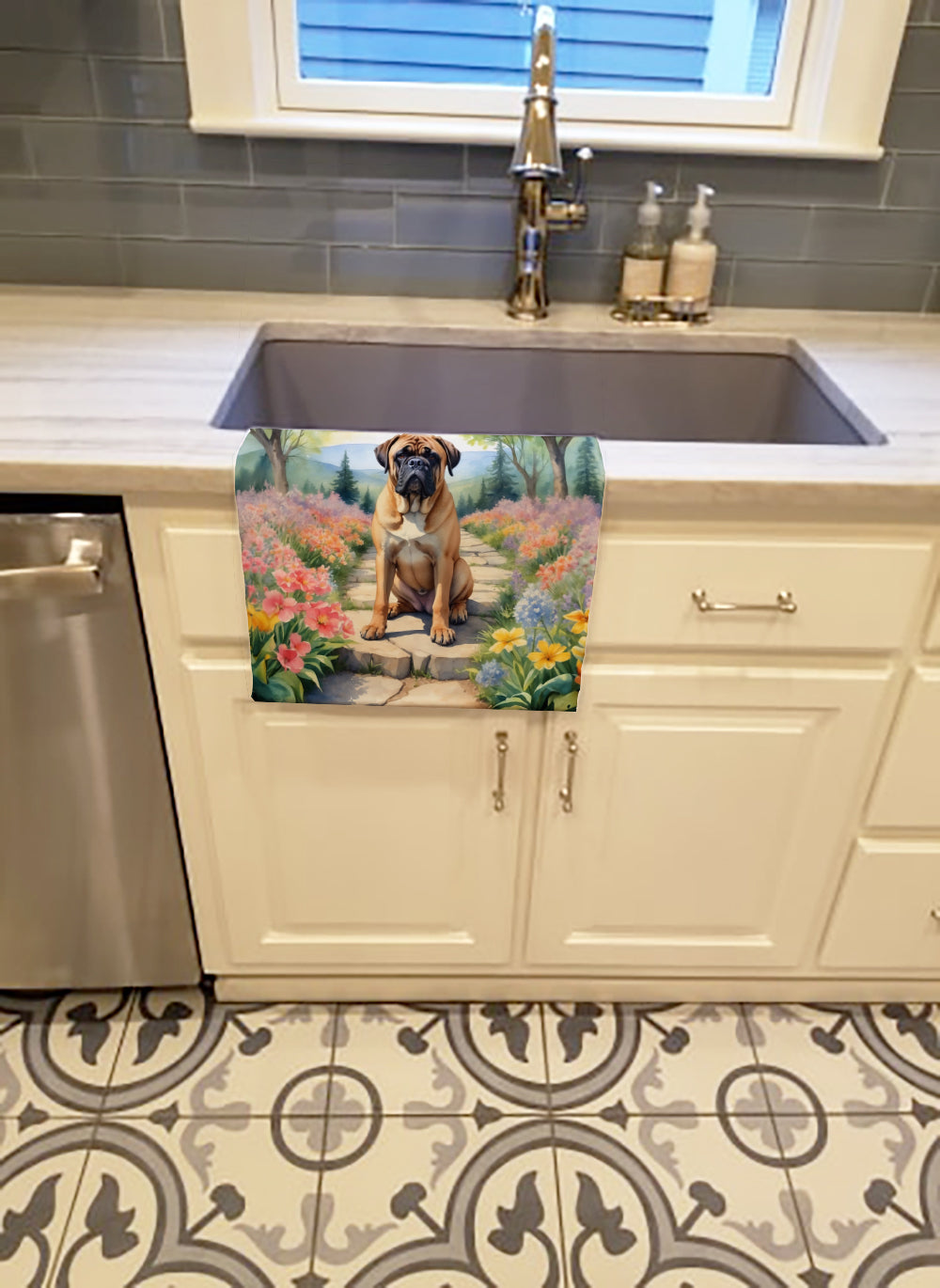 Bullmastiff Spring Path Kitchen Towel Velour Plush Front and Cotton Loop Back Machine Washable
